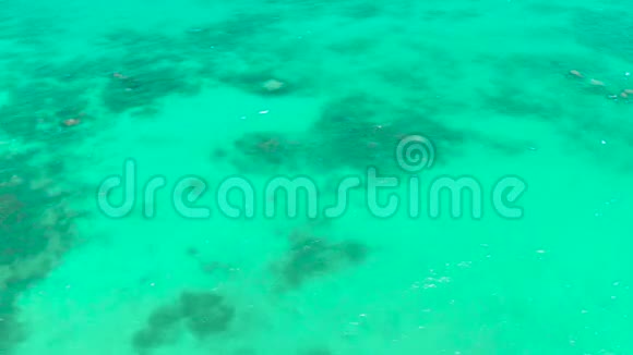 泻湖中透明的蓝色海水热带海洋中的珊瑚礁和环礁俯视图海面视频的预览图