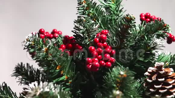圣诞快乐新年快乐绿绿的圣诞树上沾着淡淡的雪浅色背景上的塑料树视频的预览图