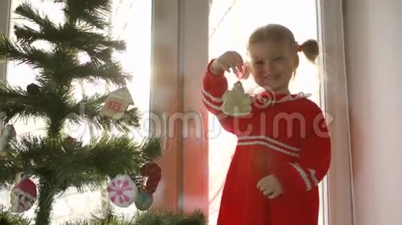那个穿红色裙子的小女孩用姜饼装饰圣诞树视频的预览图