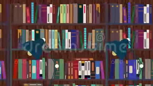 带有书架阅读灯和环球报的卡通图书馆视频的预览图