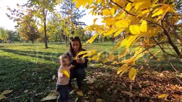 秋天快乐的小女孩和妈妈在公园散步视频的预览图