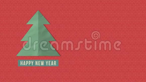 动画特写新年快乐文字红色背景白色圣诞树视频的预览图