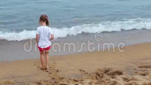 小女孩在海滩上玩海浪视频的预览图