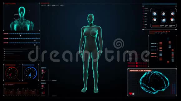 在数字显示仪表板中缩放女性身体和扫描人眼系统蓝色X光灯视频的预览图