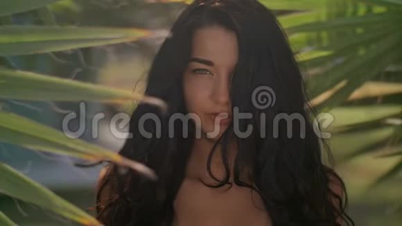热带背景下穿比基尼的漂亮女孩完美的肖像画视频的预览图