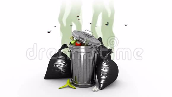 垃圾桶和袋子在禁止标志卡通风格的3D动画视频的预览图