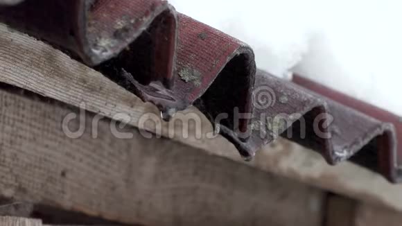 雪融化了水滴从房子的旧屋顶滴落下来视频的预览图