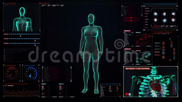 在数字显示仪表板上扫描肾脏女性身体高清X光视频的预览图