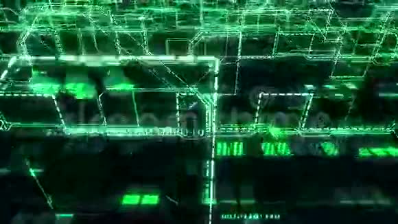 黑暗科技抽象背景飞越发光的电路电线线路连接和数字二进制阵列无缝厕所视频的预览图