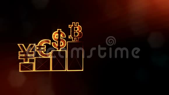 柱上印有英镑日元比特币金融背景由辉光粒子作为图像全息图闪亮3D视频的预览图