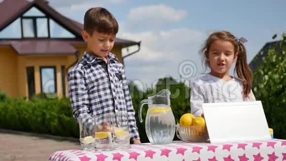 两个小孩在阳光明媚的日子里在自制的柠檬水摊上卖柠檬水上面写着一个企业家的价格标志视频的预览图