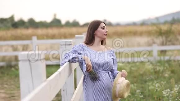 大自然中的孕妇试穿针织帽子农场附近的田野和白色沼泽的背景视频的预览图