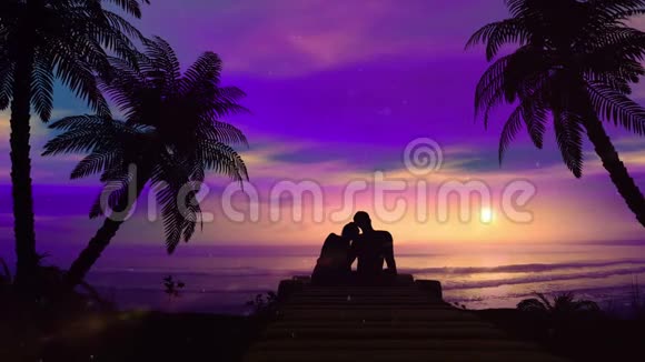 浪漫的情侣在海洋边迎接日落视频的预览图