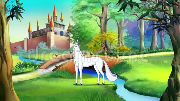 童话城堡附近的白色独角兽视频的预览图