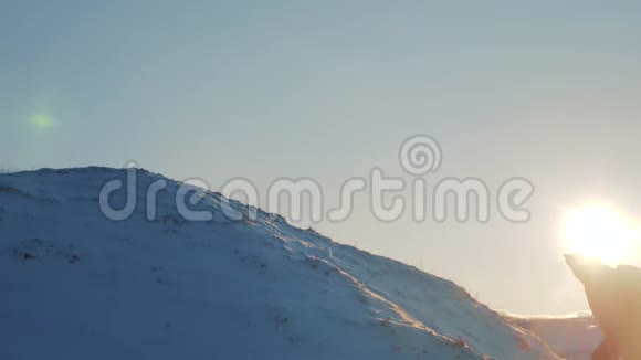 成功胜利赢商旅理念攀岩者上升到雪山的顶端日落的轮廓雪视频的预览图