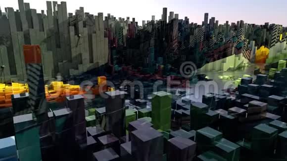 城市上空摄像飞行动画低聚相机飞越卡通市中心视频的预览图