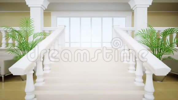 豪华的大型白色大理石阶梯剧院宫殿的大厅现实的4k动画视频的预览图