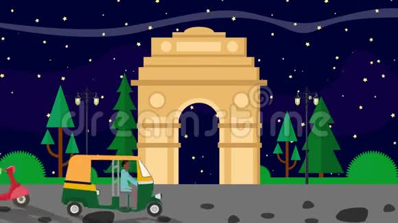 新德里的卡通印度之门夜夜车经过视频的预览图