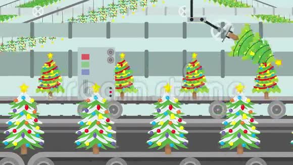 工厂传送带中许多种类的卡通圣诞树视频的预览图