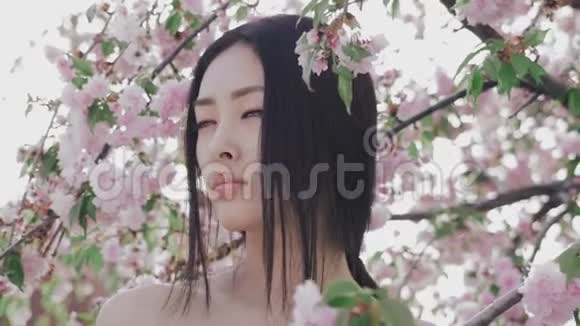一个美丽的亚洲女孩在户外与春天的花朵树的肖像视频的预览图