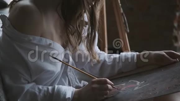 女画家在家庭工作室画了一幅画视频的预览图