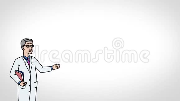 动画角色医生或医生站在前台说平滑的轮廓白色的背景无缝的循环视频的预览图