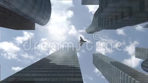 未来的宇宙飞船飞越现代摩天大楼视频的预览图