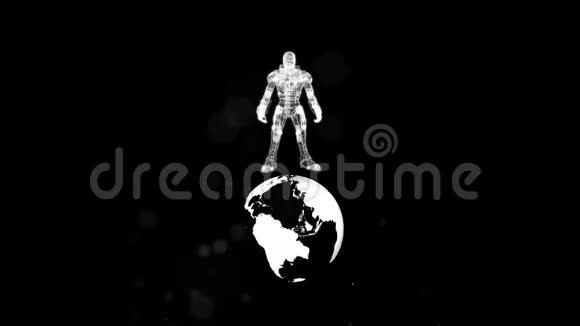 穿着盔甲在黑色背景下穿越地球的动画人视频的预览图
