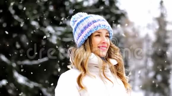 冬天户外快乐微笑女人的画像视频的预览图