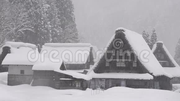 日本稻山冬天的房子上下雪视频的预览图