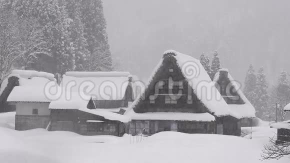 日本稻山冬天的房子上下雪视频的预览图