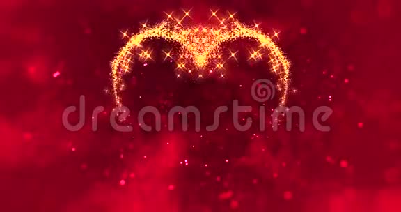在红色模糊的背景上金色的闪光像心形的微粒情人节的爱情节日活动视频的预览图