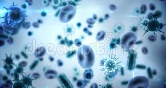 蓝色背景下产生的病毒细胞红细胞和细菌视频的预览图