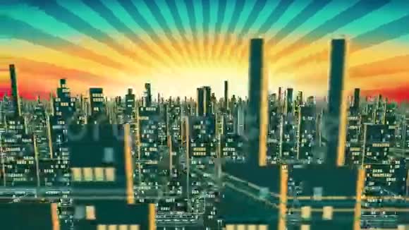 城市摩天大楼轮廓的鸟瞰明亮的窗户背景下闪耀的天空无缝的环阿尔法哑光视频的预览图