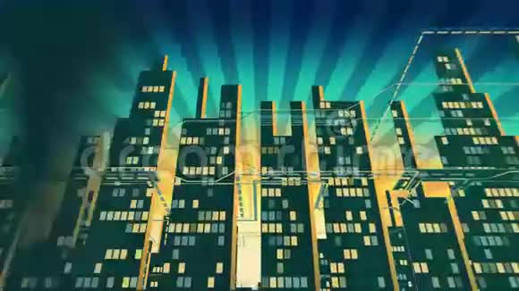 在日出日落的背景下城市摩天大楼的轮廓和明亮的窗户的空中景观阿尔法哑光视频的预览图
