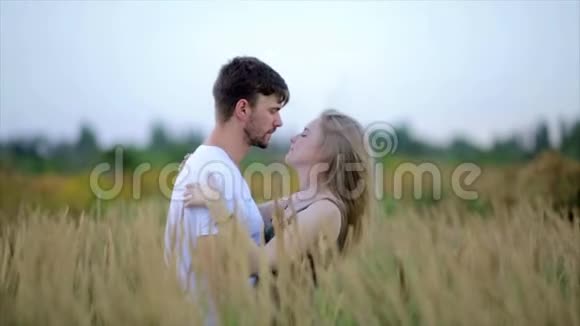 日落的浪漫情侣两个人在日落或日出时相爱男人和女人在野外接吻视频的预览图