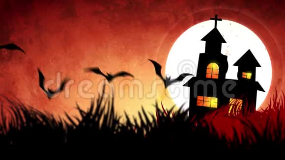 万圣节背景动画的概念斯波基南瓜月亮和蝙蝠和鬼城堡视频的预览图