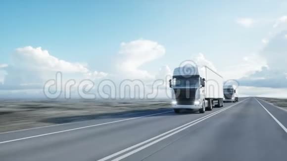 白色卡车的车队公路上的半拖车运输物流理念4K写实动画视频的预览图