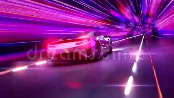 一辆现代跑车通过一条抽象的紫外线隧道快速行驶紫外线动画视频的预览图