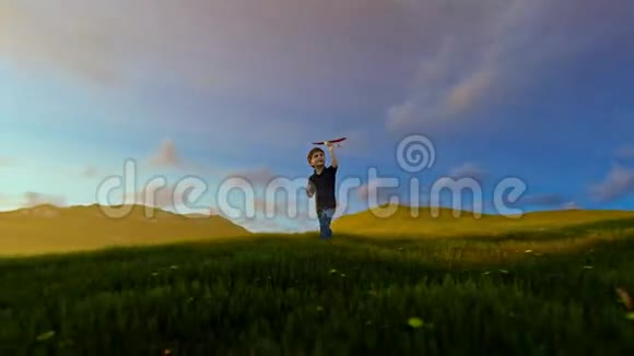 在绿色草地上坐飞机的小男孩生命之树阳光淘淘视频的预览图