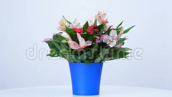花花束白色背景上的旋转花的组成包括RussusAlstroemeriaGerberaSolidago视频的预览图