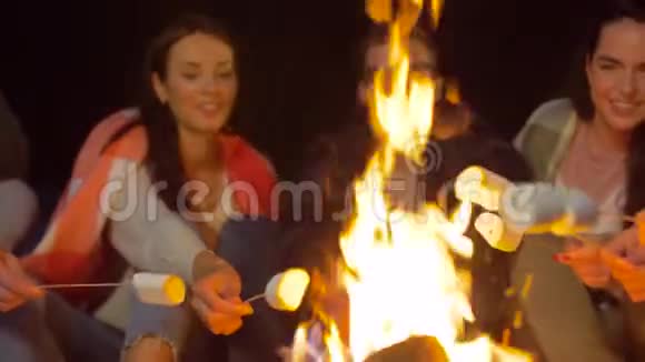 朋友们晚上在营火上烤棉花糖视频的预览图