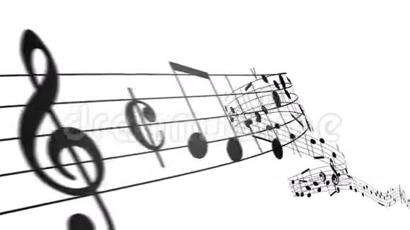 音乐音符在白色背景上流动无缝动画视频的预览图