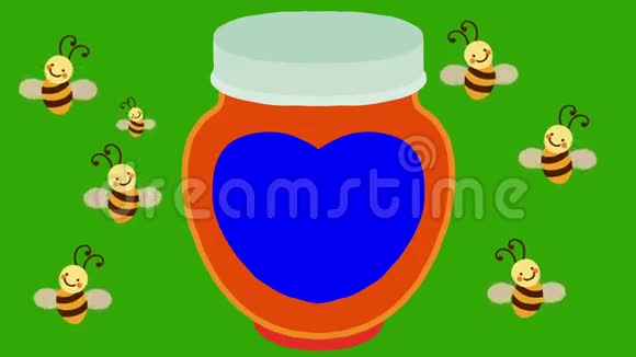 卡通蜜蜂在绿色屏幕上的蓝色标签围绕蜂蜜罐子飞行视频的预览图