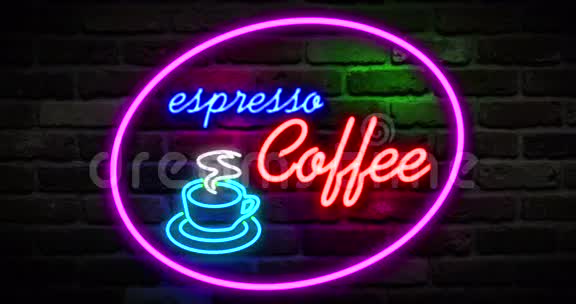 在砖墙背景上闪烁的红色和蓝色霓虹灯咖啡图像符号打开浓咖啡吧放松视频的预览图