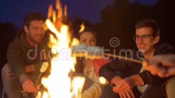 朋友们晚上在营火上烤棉花糖视频的预览图