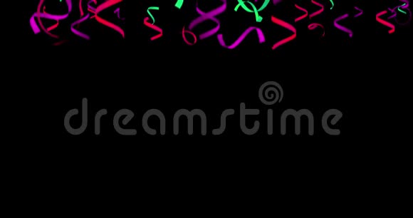 动画彩色下降螺旋纸屑在黑色背景阿尔法频道4k视频的预览图