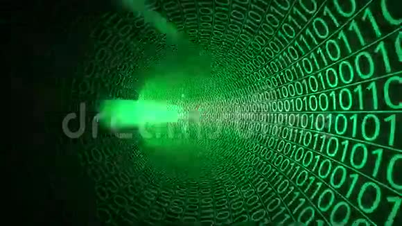 粒子通过抽象的绿色隧道飞行由零和一组成计算机数据传输数字技术视频的预览图
