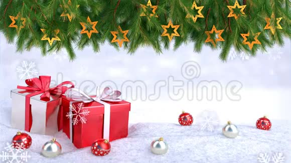 雪地上的圣诞礼物盒和球3D渲染无缝回路视频的预览图
