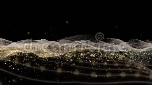 带有波物体和慢运动中闪烁粒子的未来动画4096x2304环4K视频的预览图